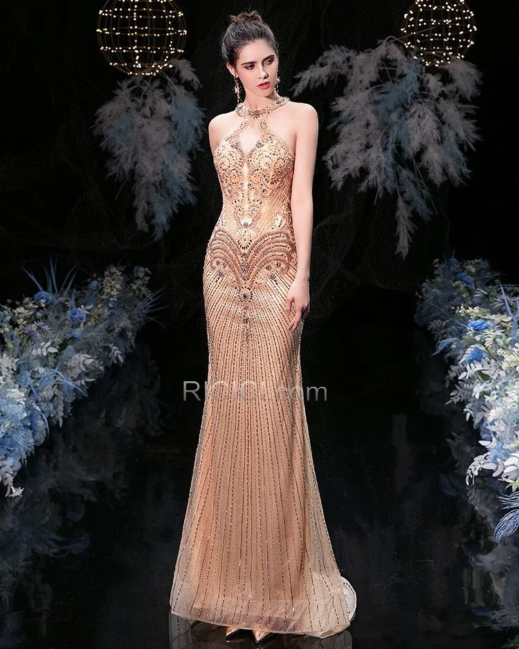 Clearance-Perlage Sirène Licou Or Robe Nouvel An Longue Belle Brillante Paillette Luxe Robe Ceremonie