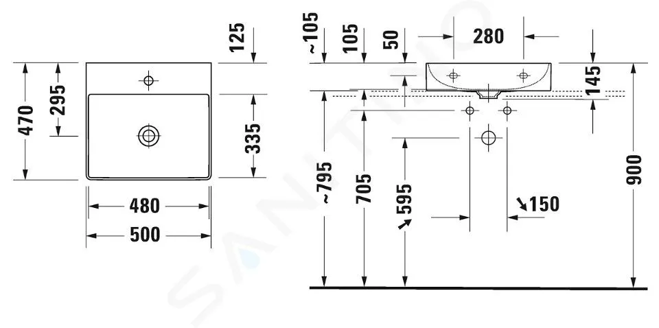 Duravit DuraSquare - Meuble-lavabo 50x47 cm, avec un trou pour robinet, DuraCeram, blanc alpin 2353500071