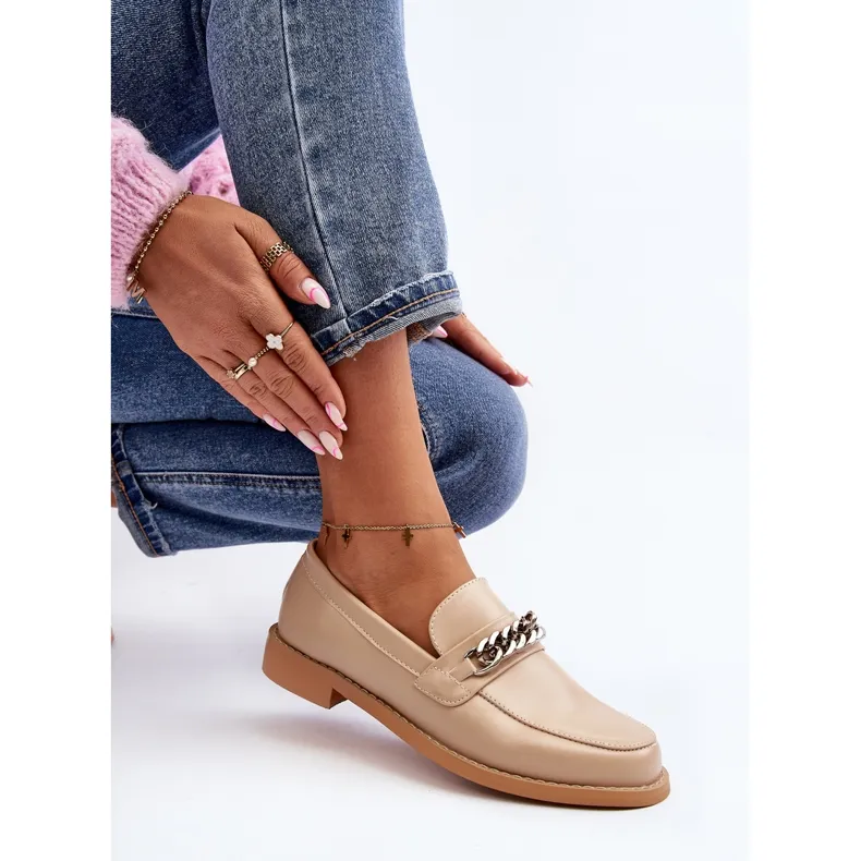Mocassins femme en cuir écologique avec chaîne, beige Nohlies
