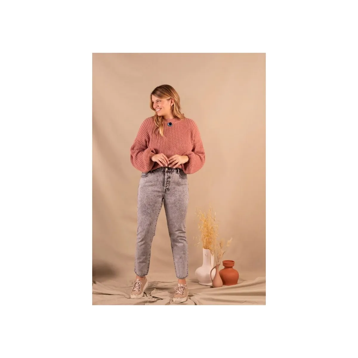 Nagev - Jeans mom gris clair délavé
