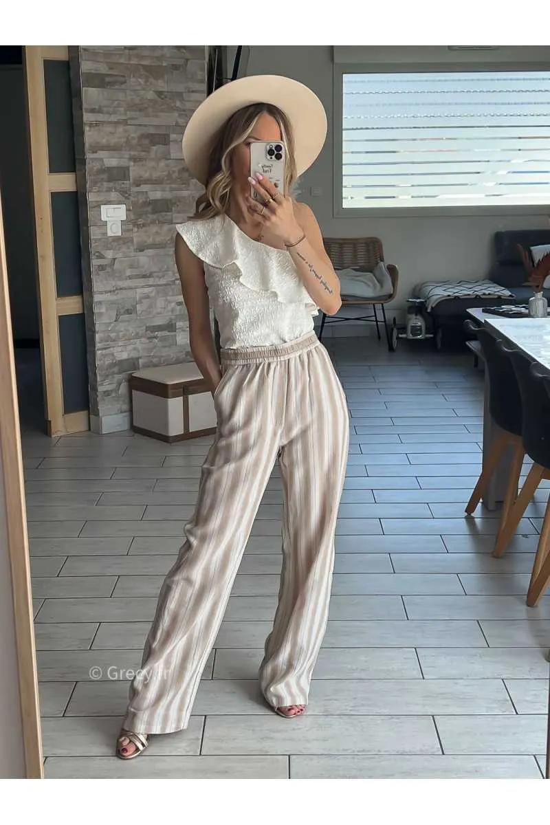 Pantalon large beige en coton