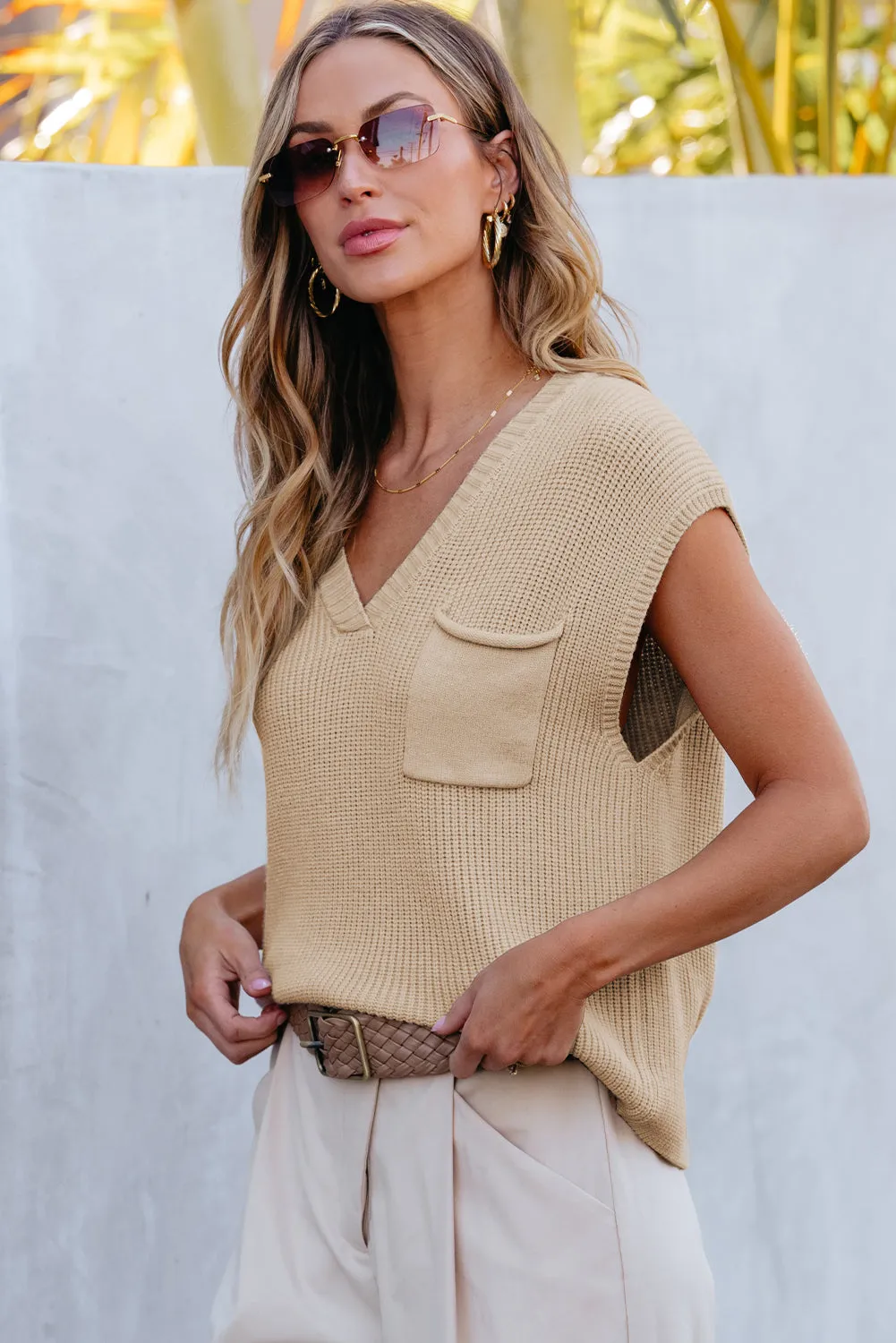 Pull ctelé à manches courtes et poche poitrine abricot