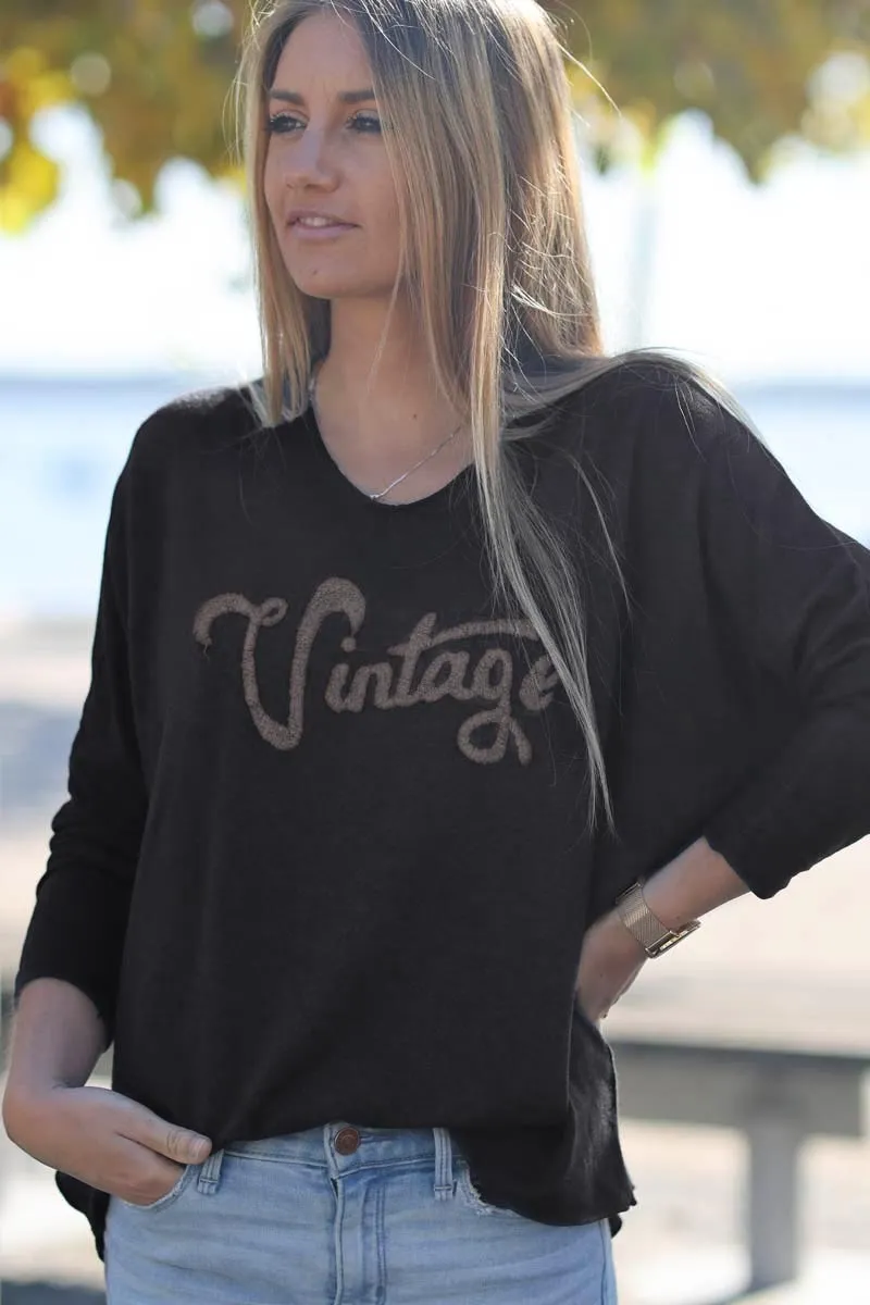 Pull noir jersey Vintage éponge taupe