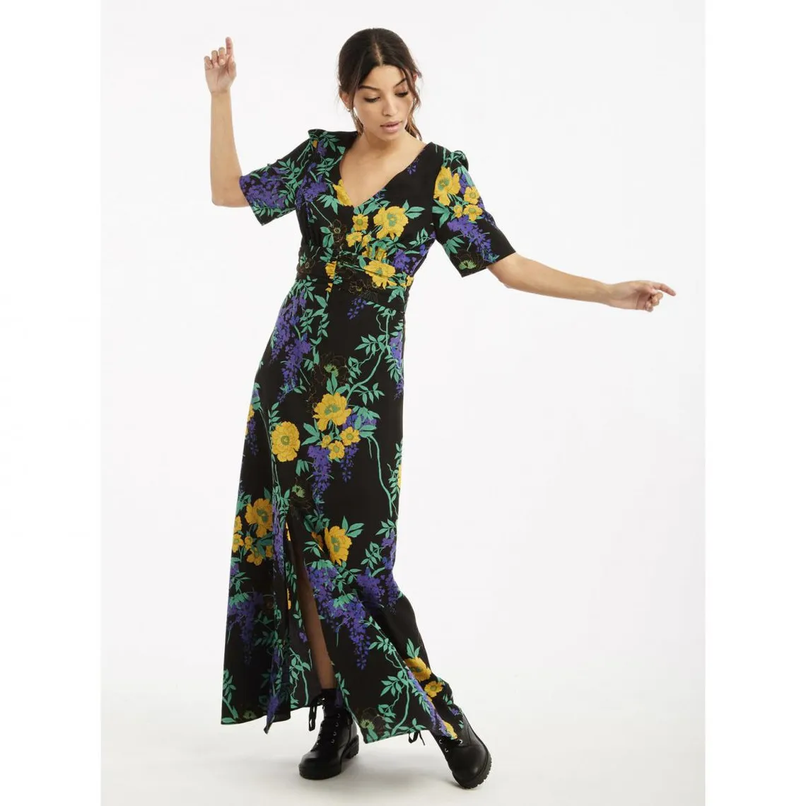 Robe longue imprimé fleuri noir | 3 Suisses