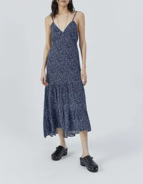 Robe longue marine imprimé fleurs bleues Femme