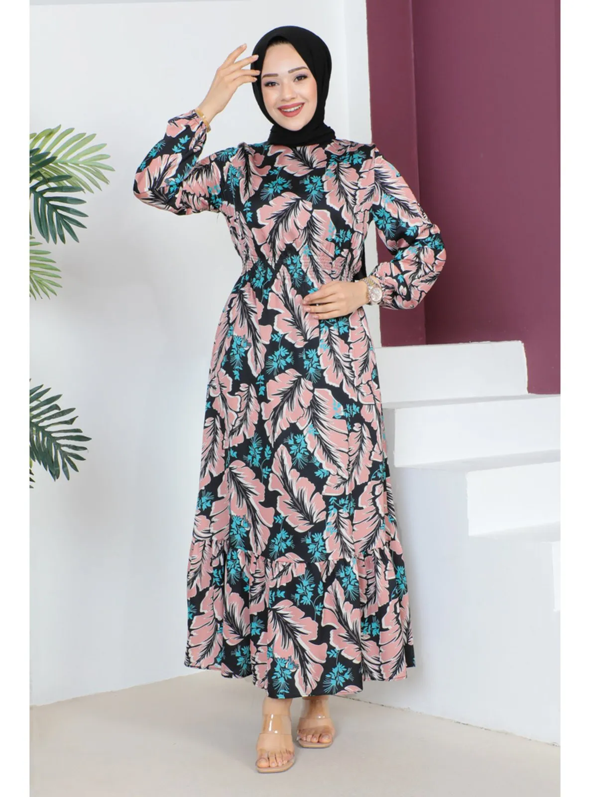 Salmon - Crew neck - Unlined - Modest Dress