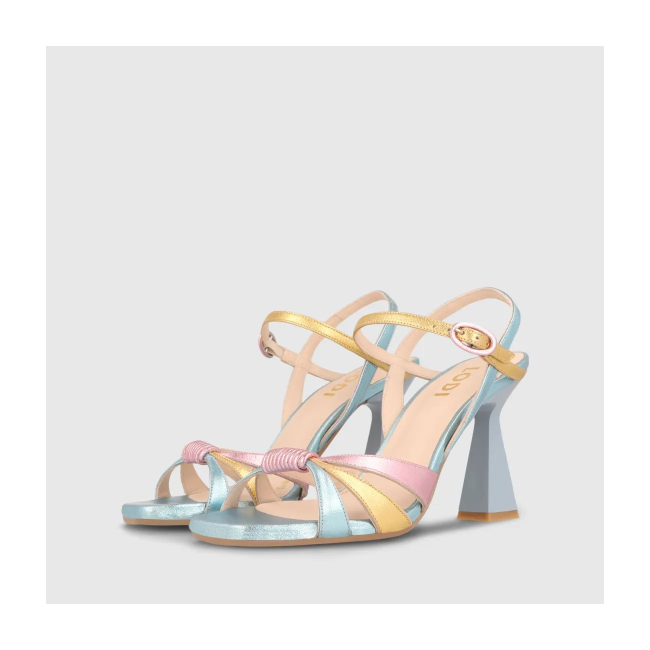 Sandales à talon femme en cuir métallisé bleues, de couleur dorée et roses | LODI Chaussures pour femme en ligne.