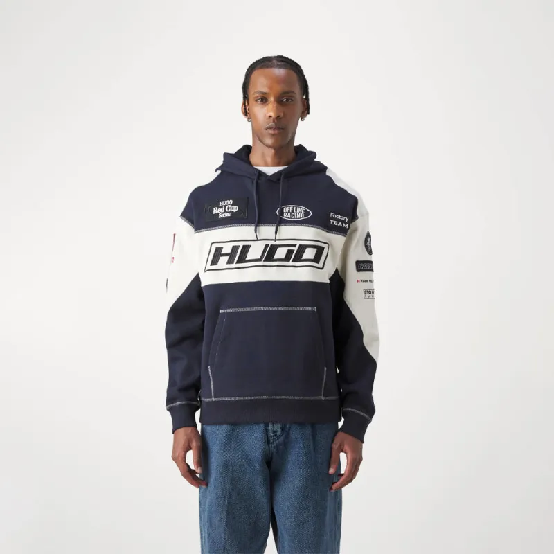 SWEAT À CAPUCHE HUGO DUSSELS COLOR BLOCK EN COTON BLEU MARINE AVEC DÉTAILS INSPIRÉS DES COURSES AUTOMOBILES